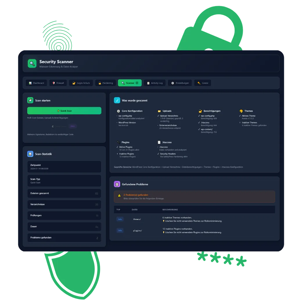 SafetyPress WordPress Security Plugin - Scanner Dashboard