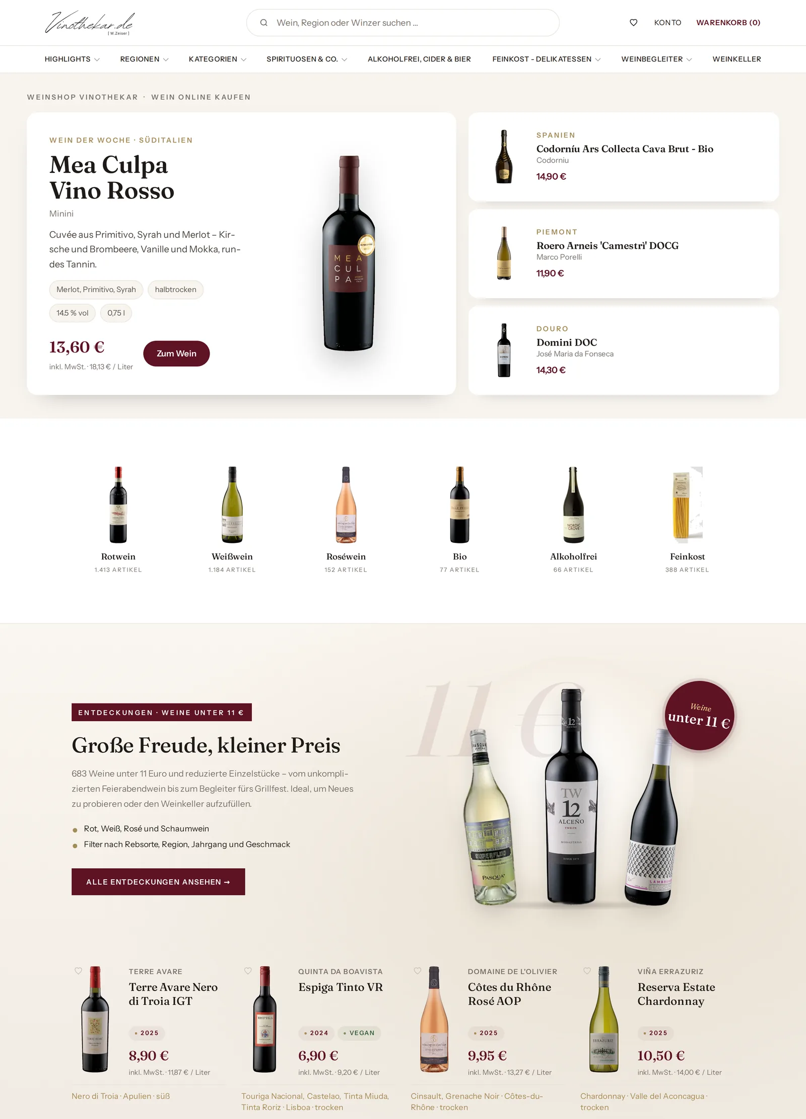 vinothekar.de – Startseite mit Wein der Woche und Kategorie-Kacheln