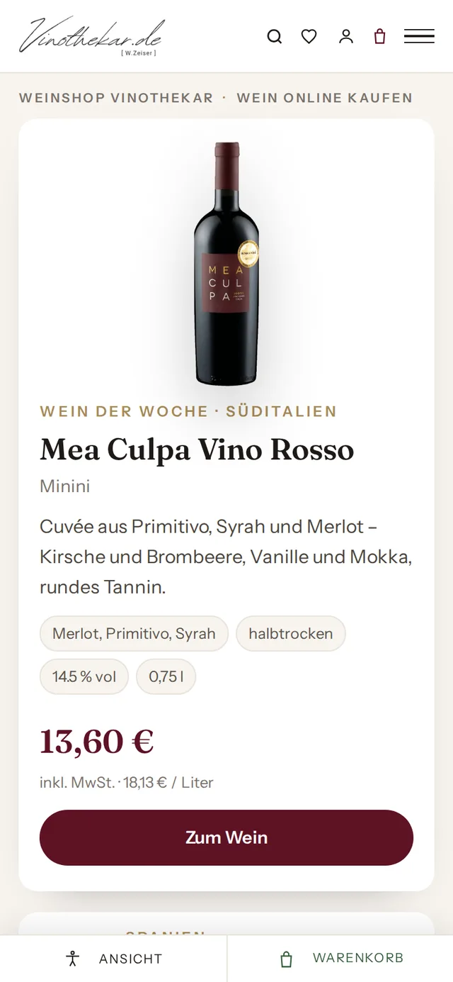 vinothekar.de – Startseite auf dem Smartphone