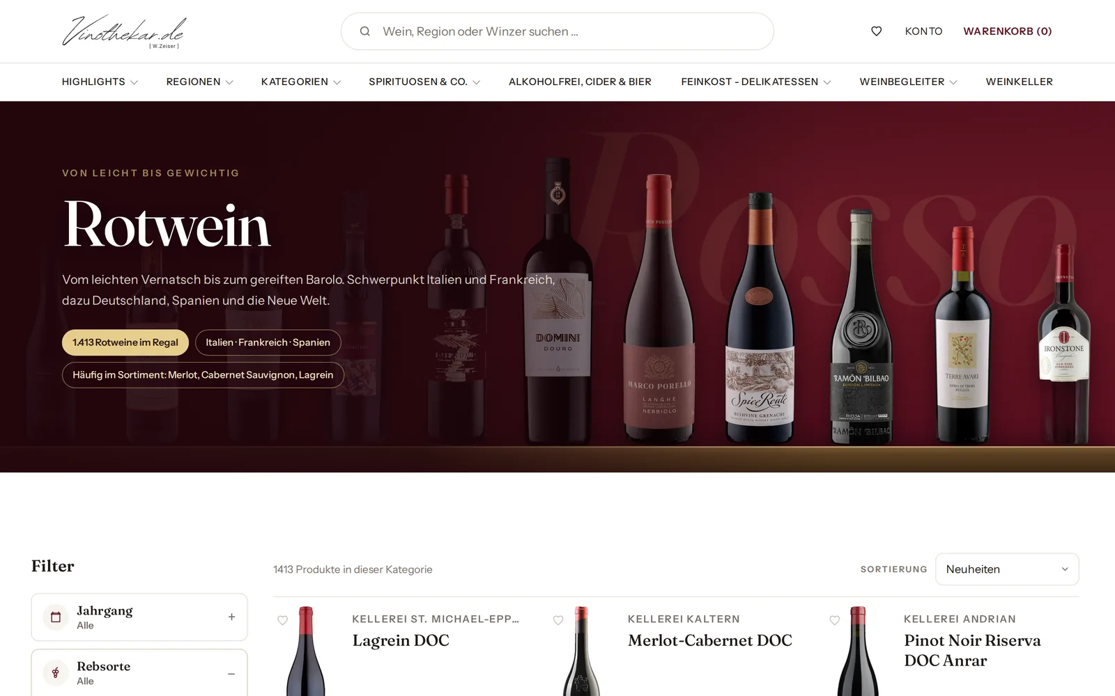 vinothekar.de – Kategorie Rotwein mit Flaschenbühne und Filtern