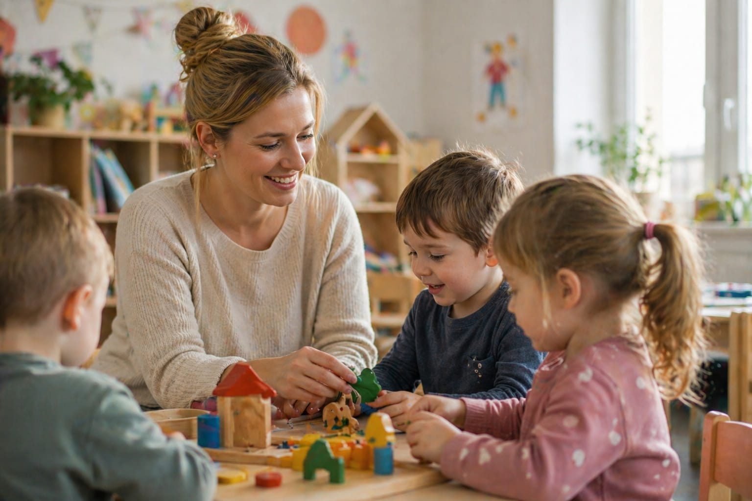 Kita-Assistenz Schenefeld — Begleiterin lacht herzlich mit zwei Kleinkindern